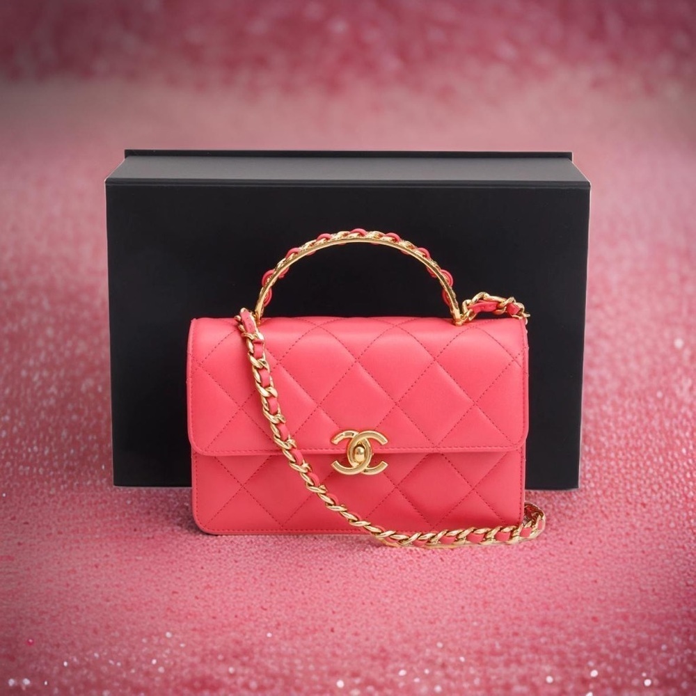 CHANEL  Pink Lambskin Mini Flap Bag w/ Top Handle